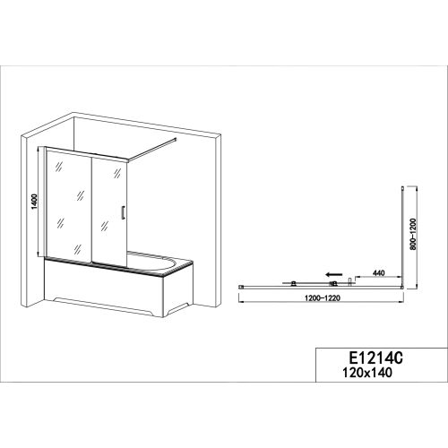 Badewannenaufsatz mit Schiebetüre  chrom 120x140cm 6mm Glas