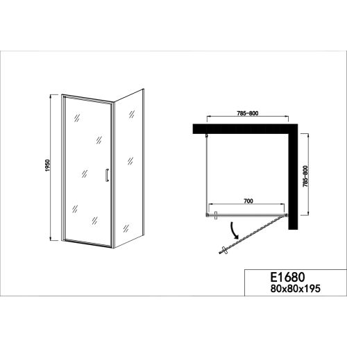 *Corner shower cubicle with swing door and fixed part chrome 80x80x195cm