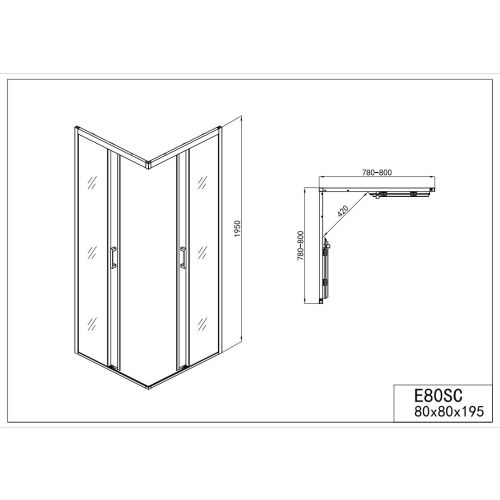 Eckduschkabine mit 2 Schiebetüren chrom 78-80x78-80x195cm Soft Close