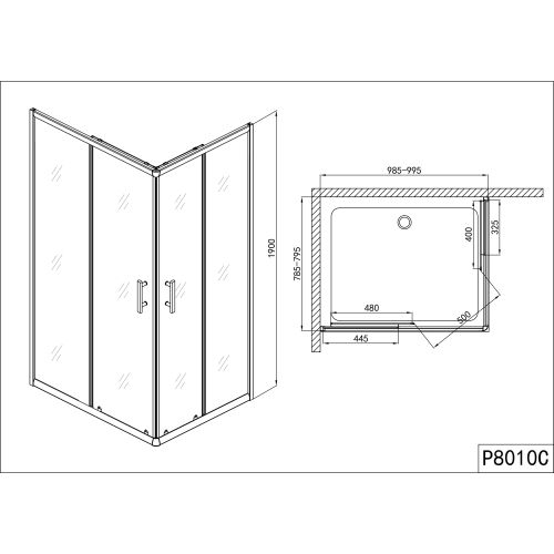 Eckduschkabine 78,5-79,5x98,5-99,5x185cm