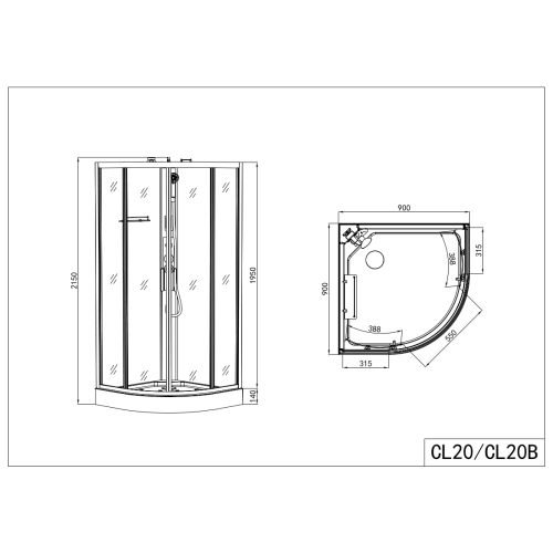 Complete shower cubicle AUSTIN - with quick assembly 90 x 90 x 215 cm